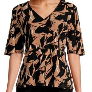 NEW Liz Claiborne Black/Caramel Leaf Short Sleeve Poly/Spandex Top PXXL